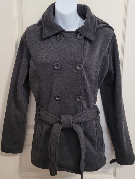 YMI Jackets & Blazers - YMI Double-Breasted Jersey Knit Pea Coat, Hooded & Belted - Sz L, Gray, GUC